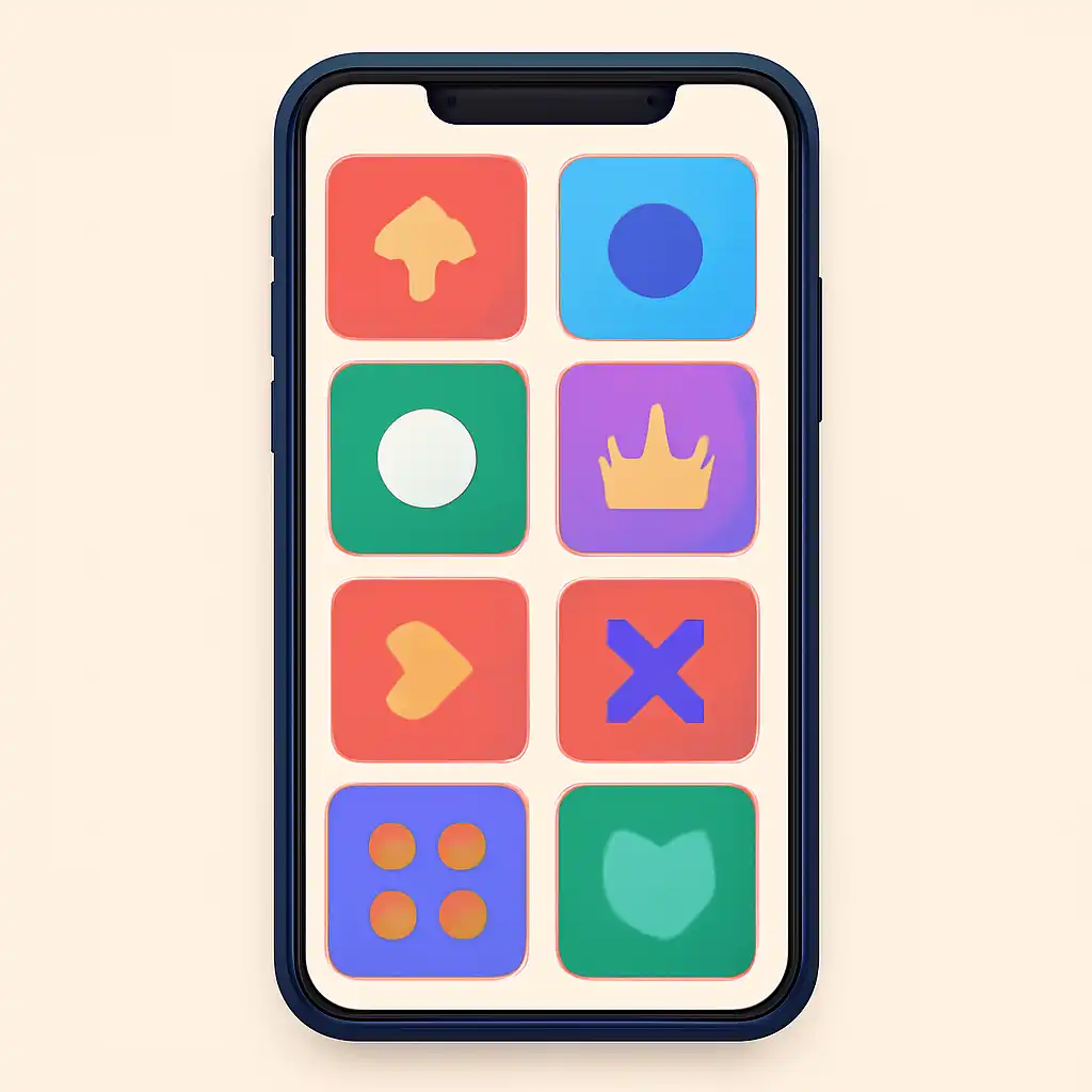 Smartphone shown from the front displaying a colourful flat layout of abstract game icons and rounded tiles (no text, no letters, no labels), Shree Win