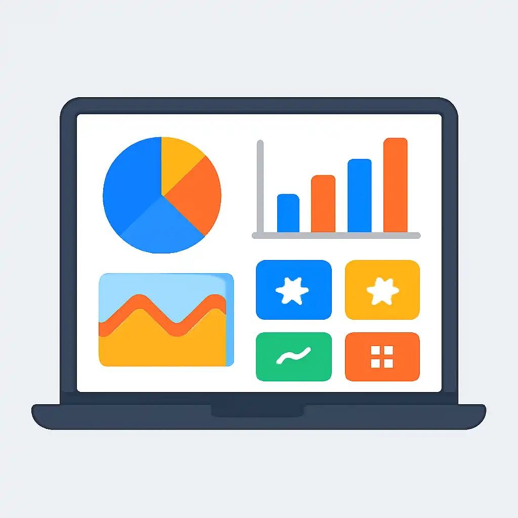 Laptop shown from the front displaying a colourful flat dashboard of abstract charts, bars and icon tiles (no text, no letters, no labels), Shree Win
