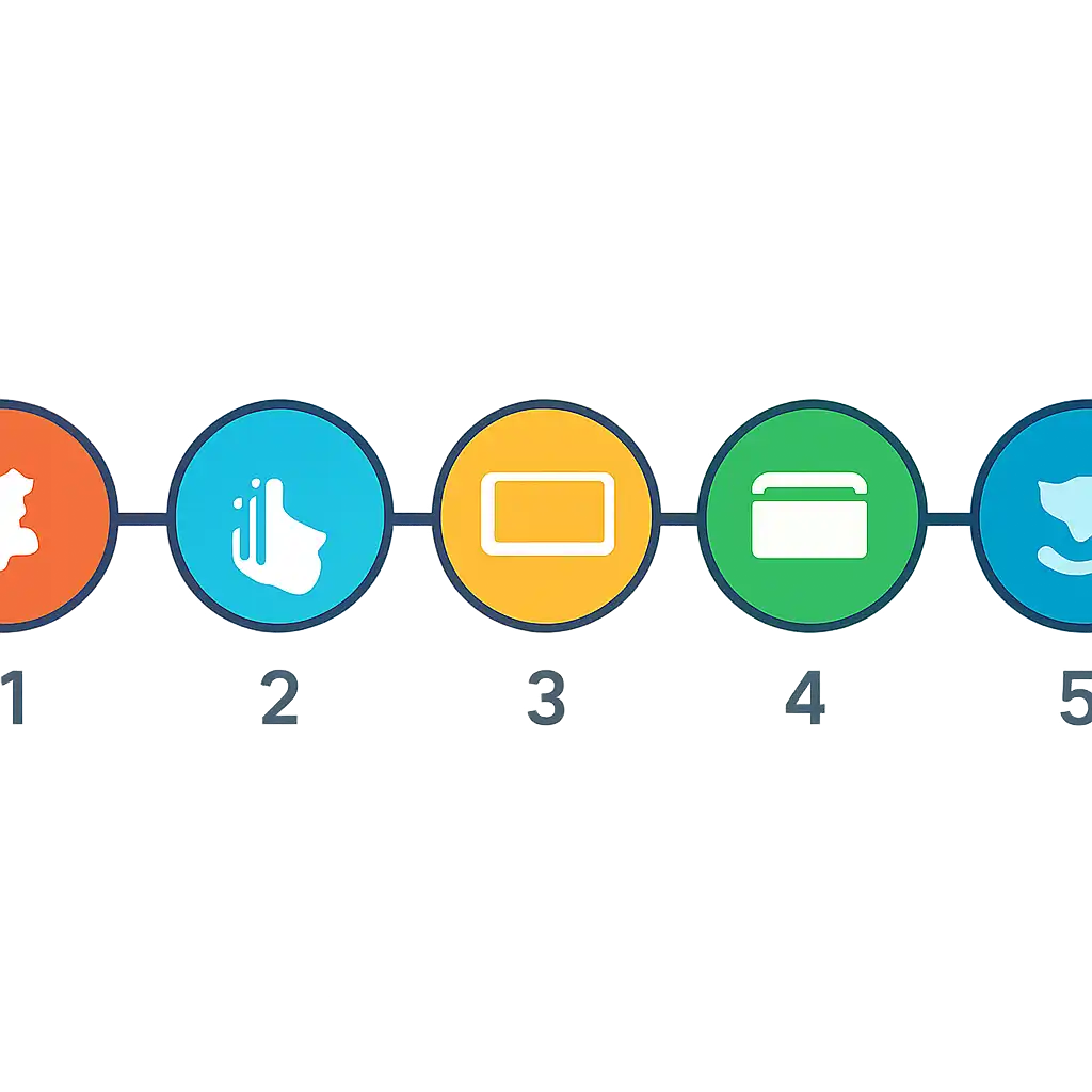 Five numbered circular icons connected by arrows in a horizontal flow, flat illustration, icons only, no words, Shree Win steps
